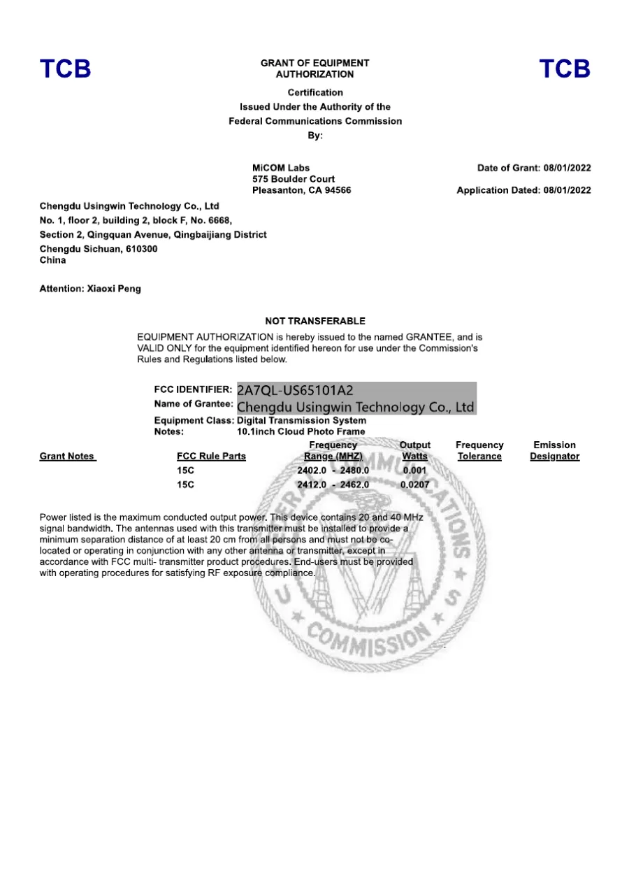 Usingwin FCC equipment authorization grant for FCC ID 2A7QL-US65101A2