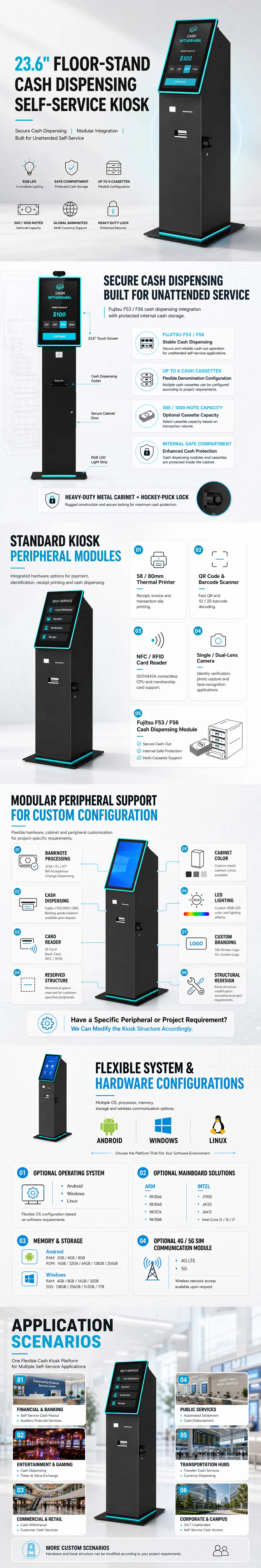 US-K236CB floor-standing cash-dispensing kiosk features, hardware and application details