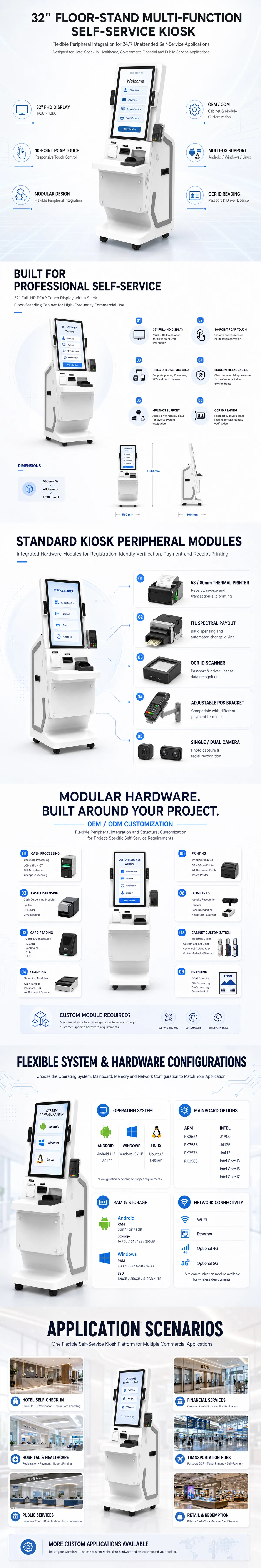 US-K320FS-1 32-inch floor-standing multifunction kiosk features and application details