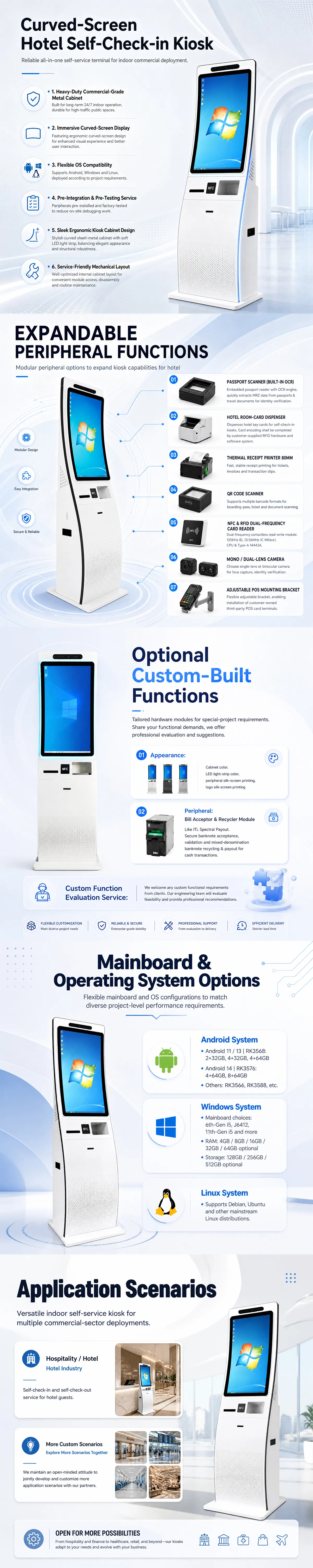 US-K320FS-2 curved-screen hotel self-check-in kiosk features and application details