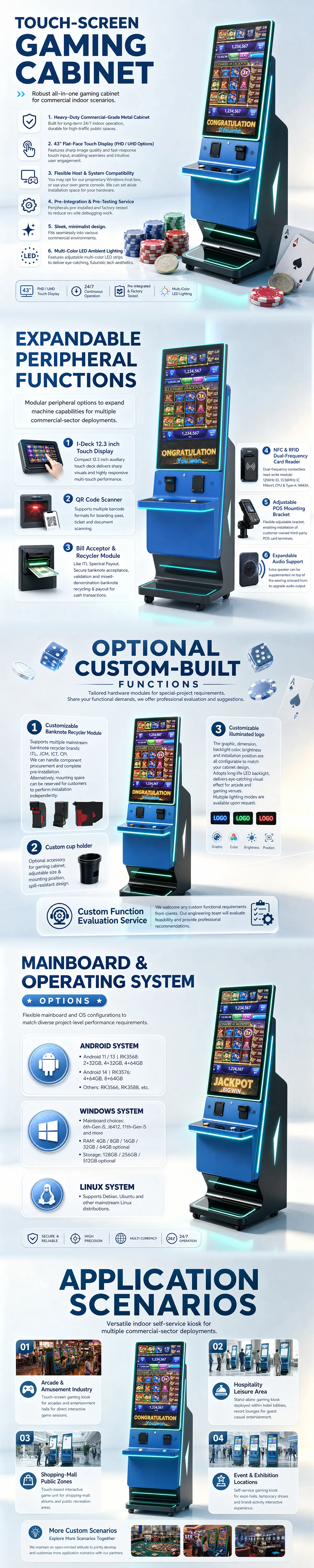US-K430CB touch-screen gaming cabinet features, hardware and application details