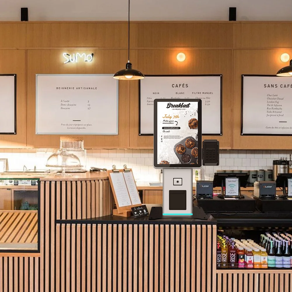 Usingwin floor-standing self-ordering kiosk in a restaurant service area