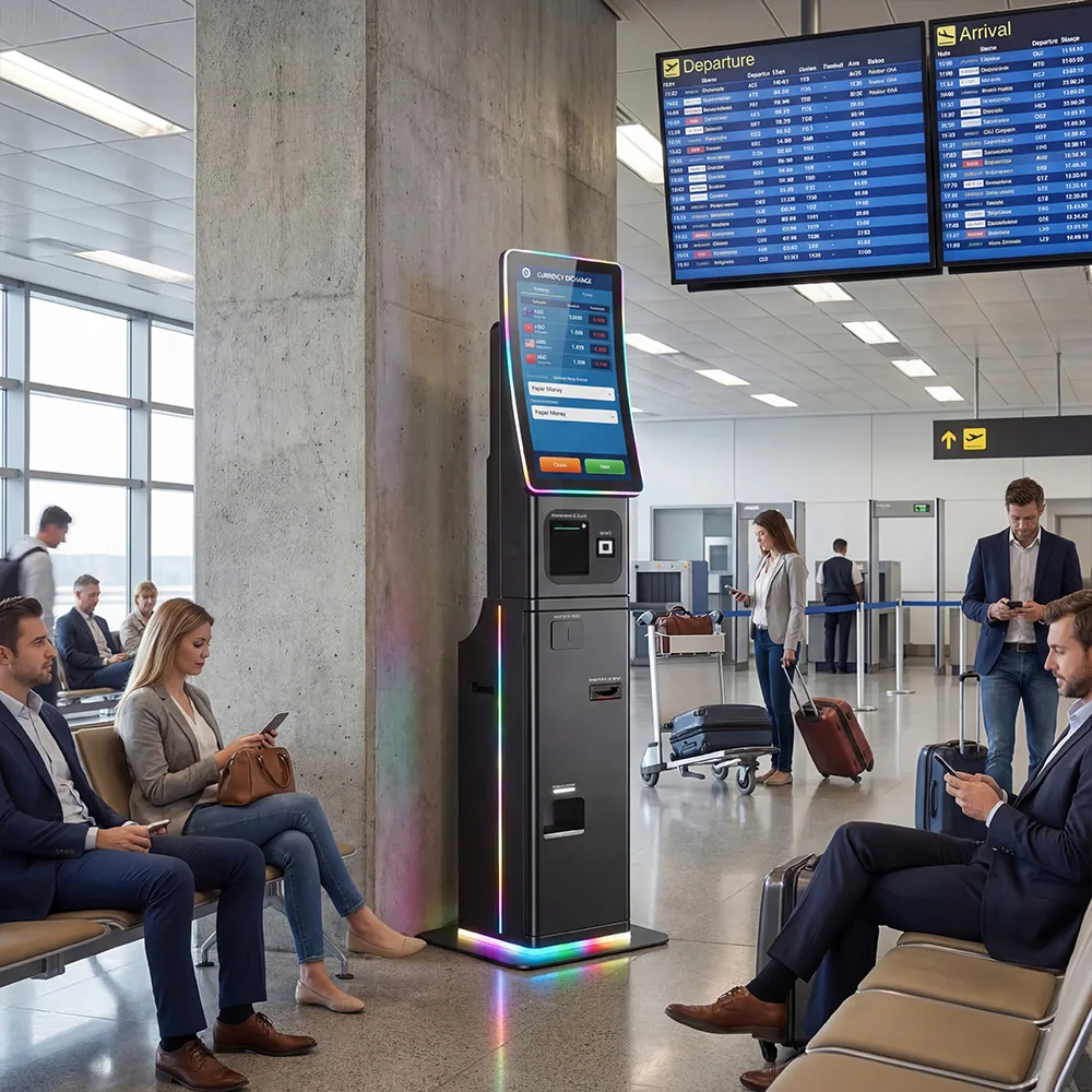 Usingwin cash-handling self-service kiosk in an airport currency service setting